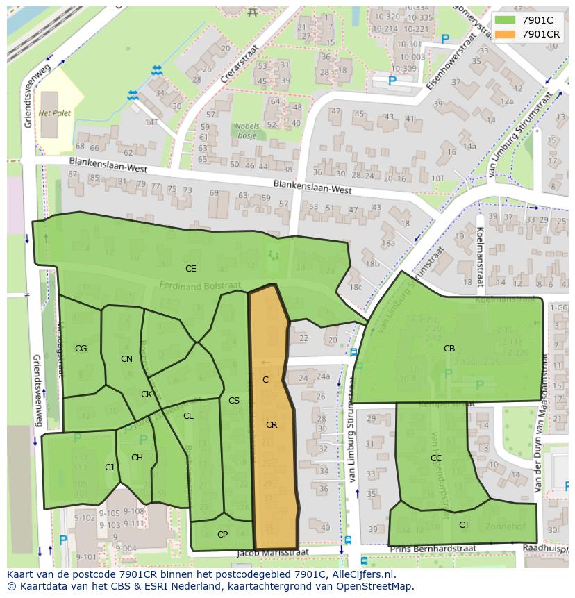 Afbeelding van het postcodegebied 7901 CR op de kaart.