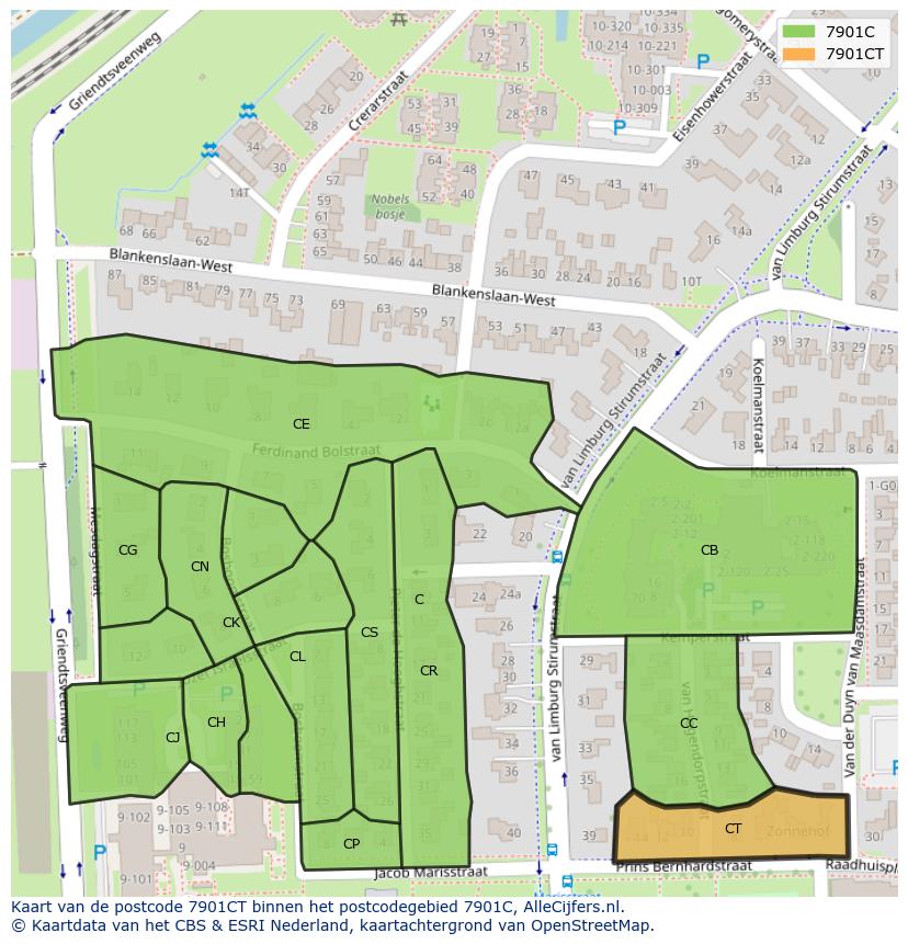 Afbeelding van het postcodegebied 7901 CT op de kaart.