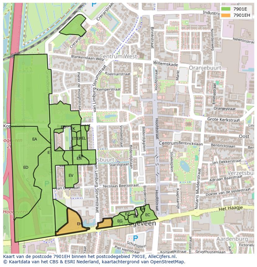 Afbeelding van het postcodegebied 7901 EH op de kaart.