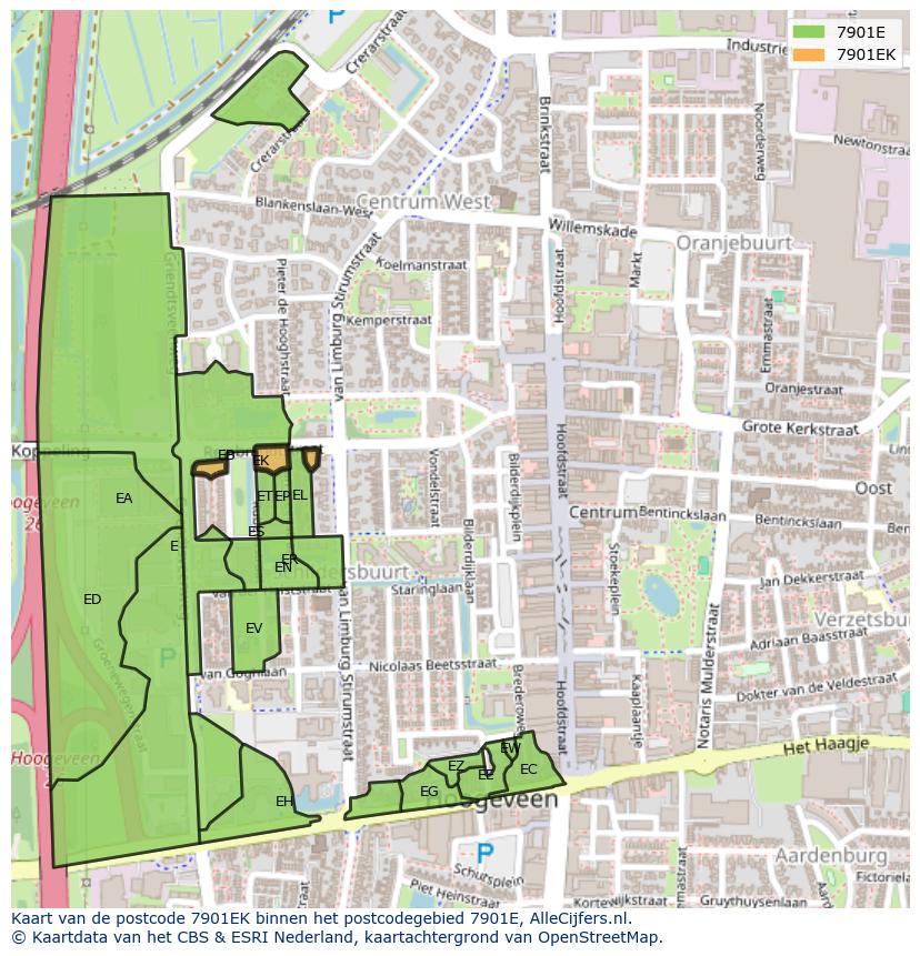 Afbeelding van het postcodegebied 7901 EK op de kaart.