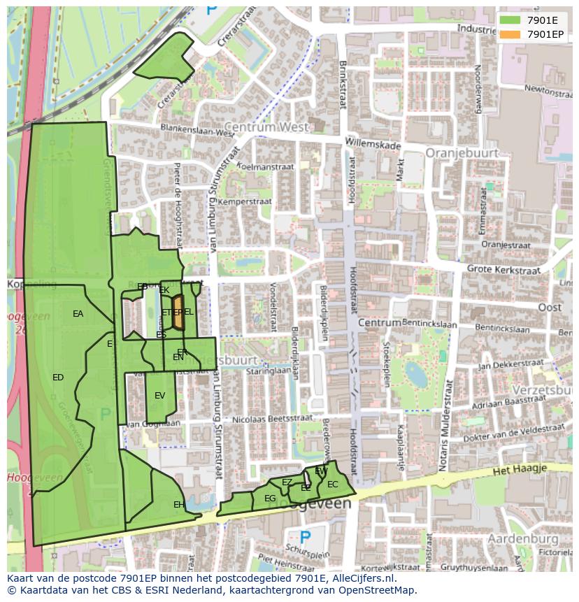 Afbeelding van het postcodegebied 7901 EP op de kaart.