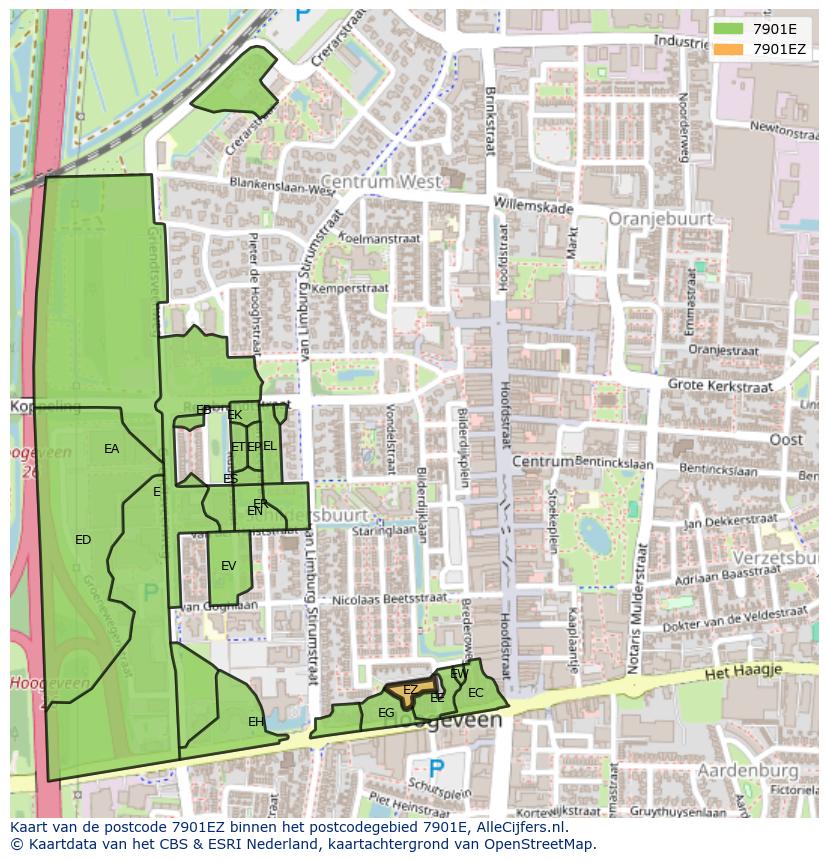 Afbeelding van het postcodegebied 7901 EZ op de kaart.