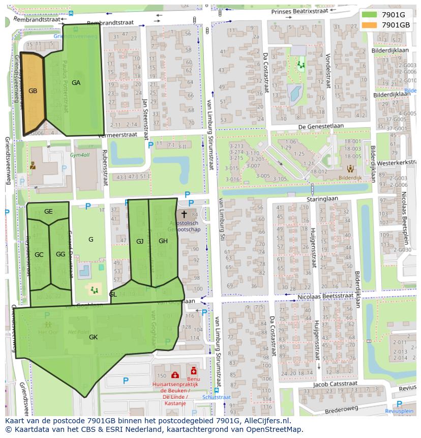 Afbeelding van het postcodegebied 7901 GB op de kaart.
