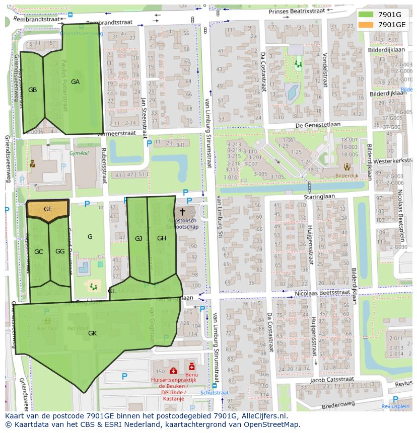 Afbeelding van het postcodegebied 7901 GE op de kaart.