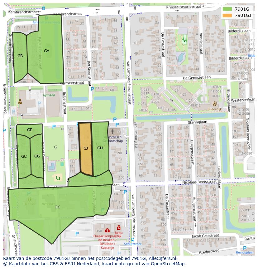 Afbeelding van het postcodegebied 7901 GJ op de kaart.