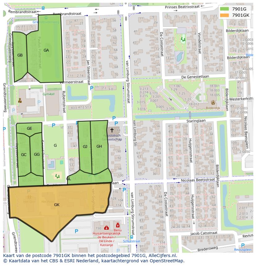 Afbeelding van het postcodegebied 7901 GK op de kaart.