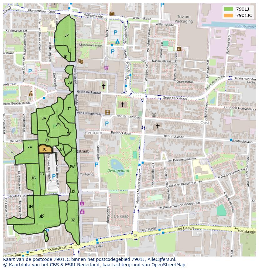 Afbeelding van het postcodegebied 7901 JC op de kaart.