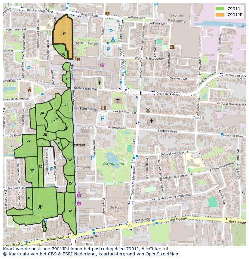 Afbeelding van het postcodegebied 7901 JP op de kaart.