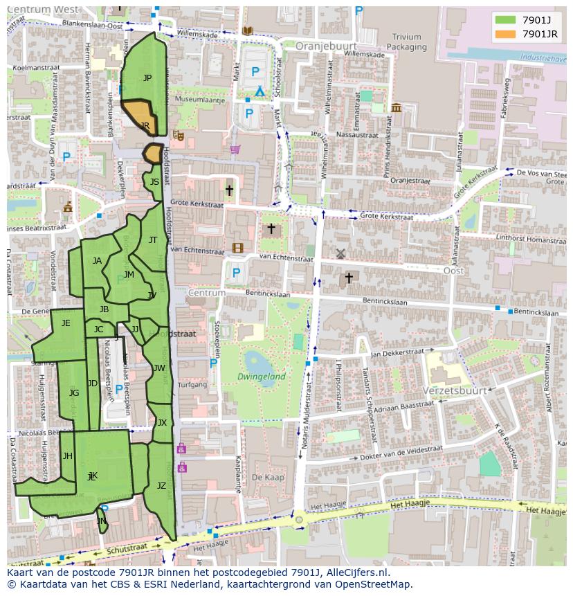 Afbeelding van het postcodegebied 7901 JR op de kaart.