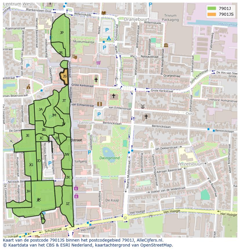 Afbeelding van het postcodegebied 7901 JS op de kaart.