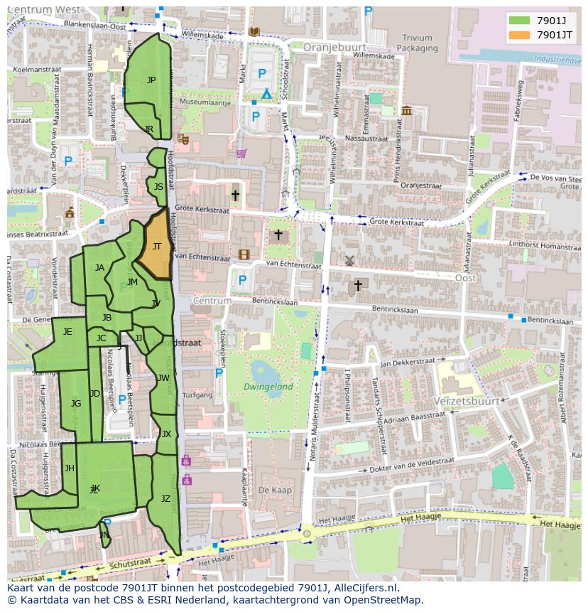 Afbeelding van het postcodegebied 7901 JT op de kaart.