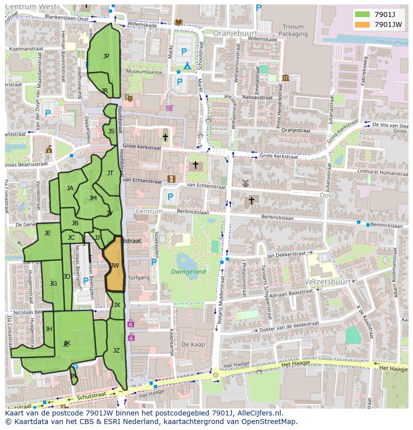 Afbeelding van het postcodegebied 7901 JW op de kaart.