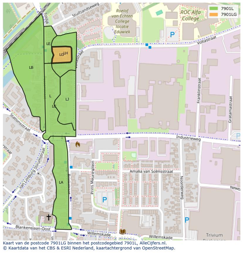 Afbeelding van het postcodegebied 7901 LG op de kaart.