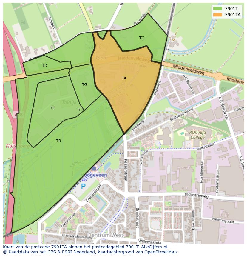Afbeelding van het postcodegebied 7901 TA op de kaart.