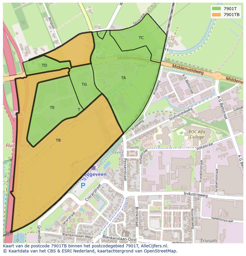 Afbeelding van het postcodegebied 7901 TB op de kaart.
