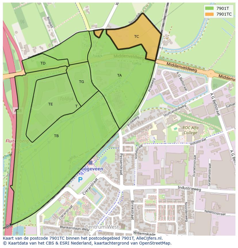 Afbeelding van het postcodegebied 7901 TC op de kaart.