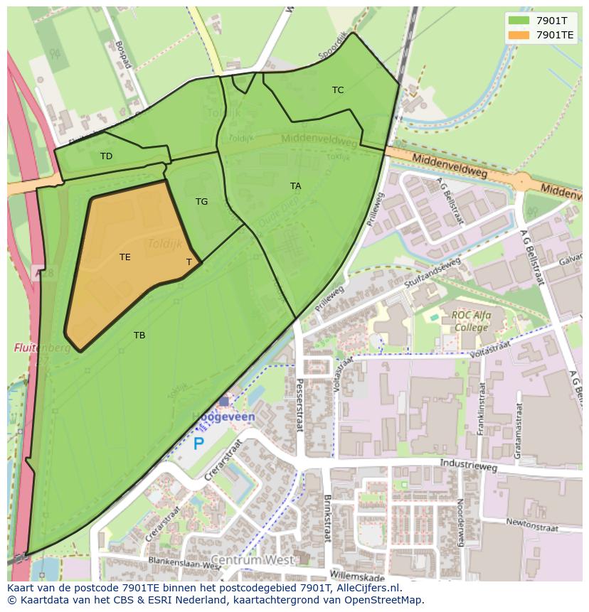 Afbeelding van het postcodegebied 7901 TE op de kaart.