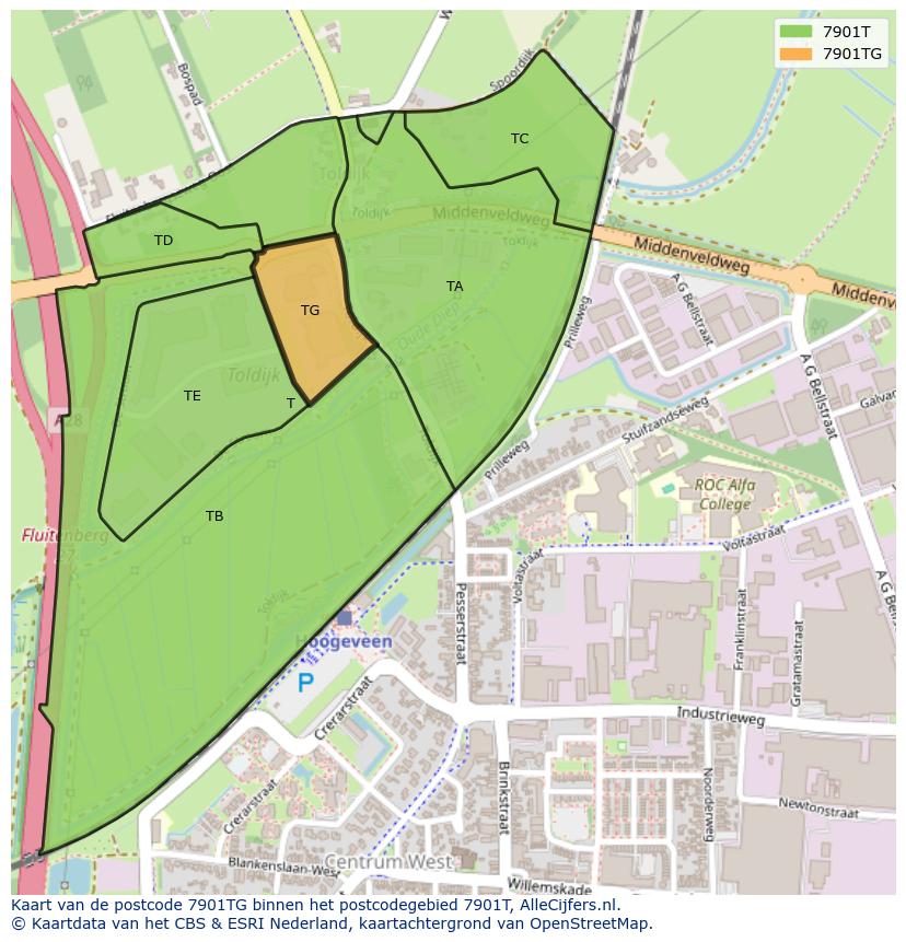 Afbeelding van het postcodegebied 7901 TG op de kaart.