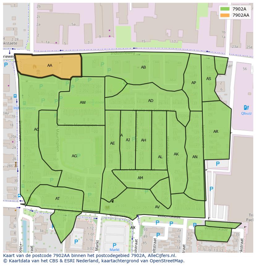 Afbeelding van het postcodegebied 7902 AA op de kaart.