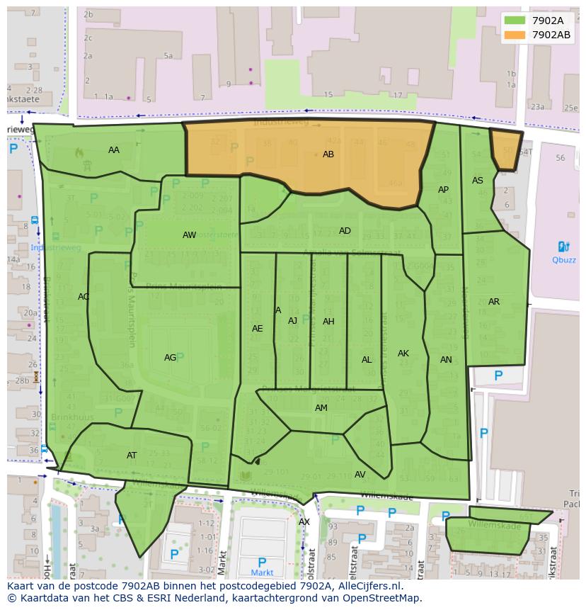 Afbeelding van het postcodegebied 7902 AB op de kaart.