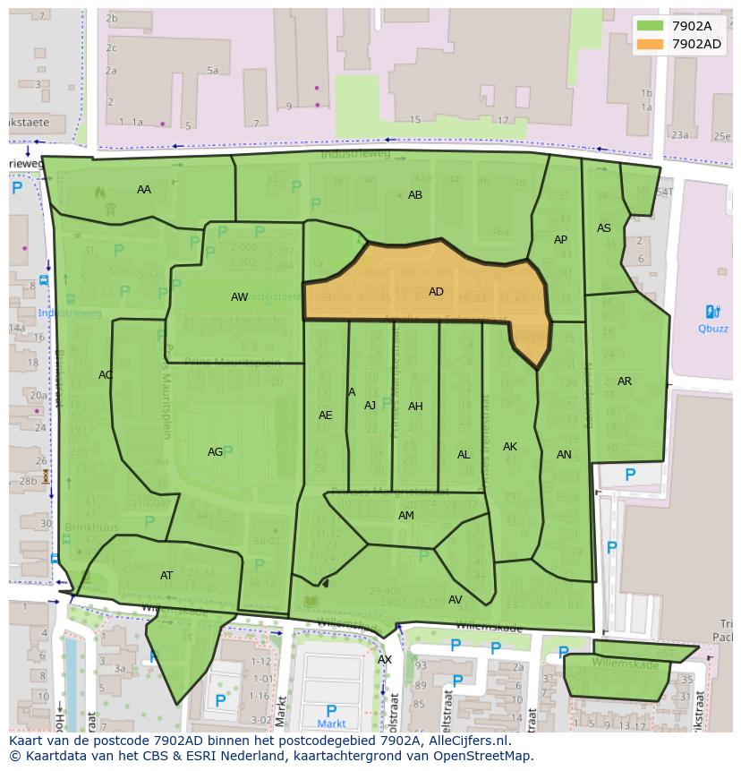 Afbeelding van het postcodegebied 7902 AD op de kaart.