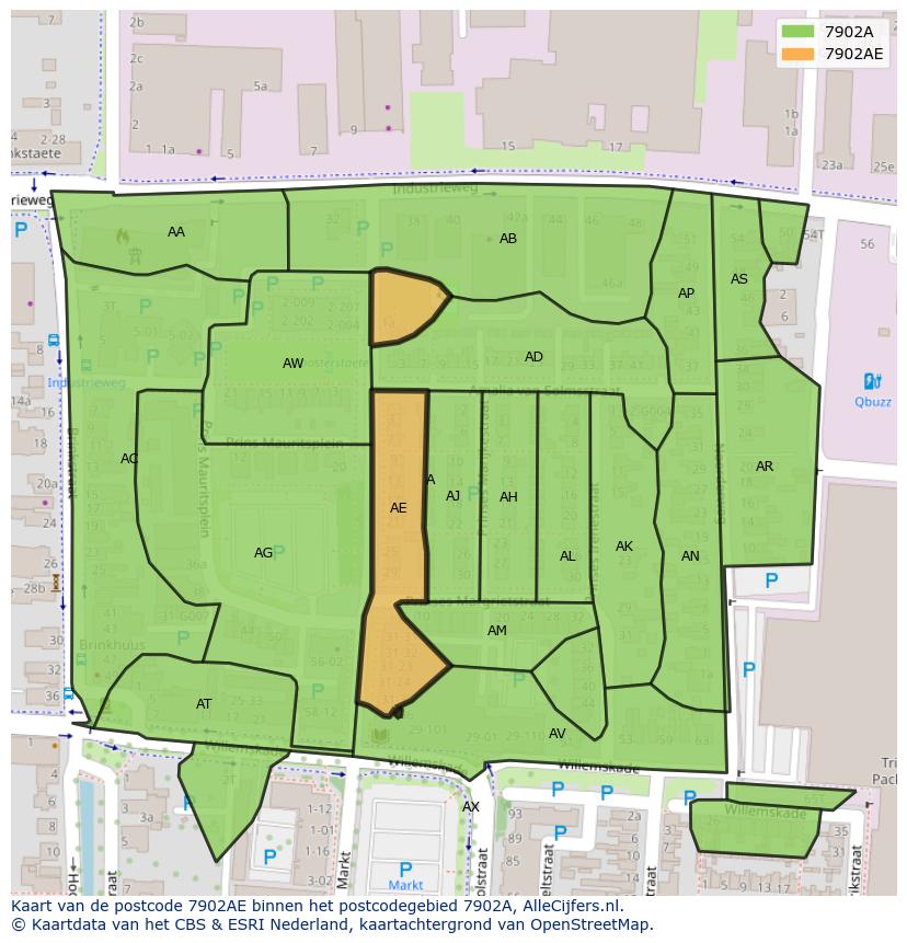 Afbeelding van het postcodegebied 7902 AE op de kaart.