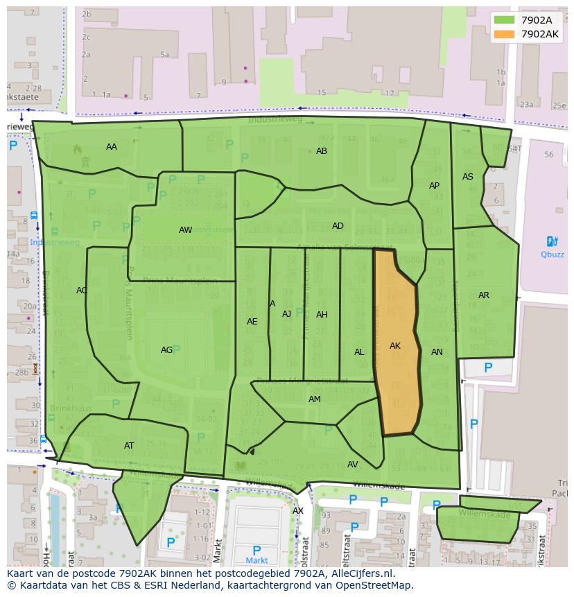 Afbeelding van het postcodegebied 7902 AK op de kaart.