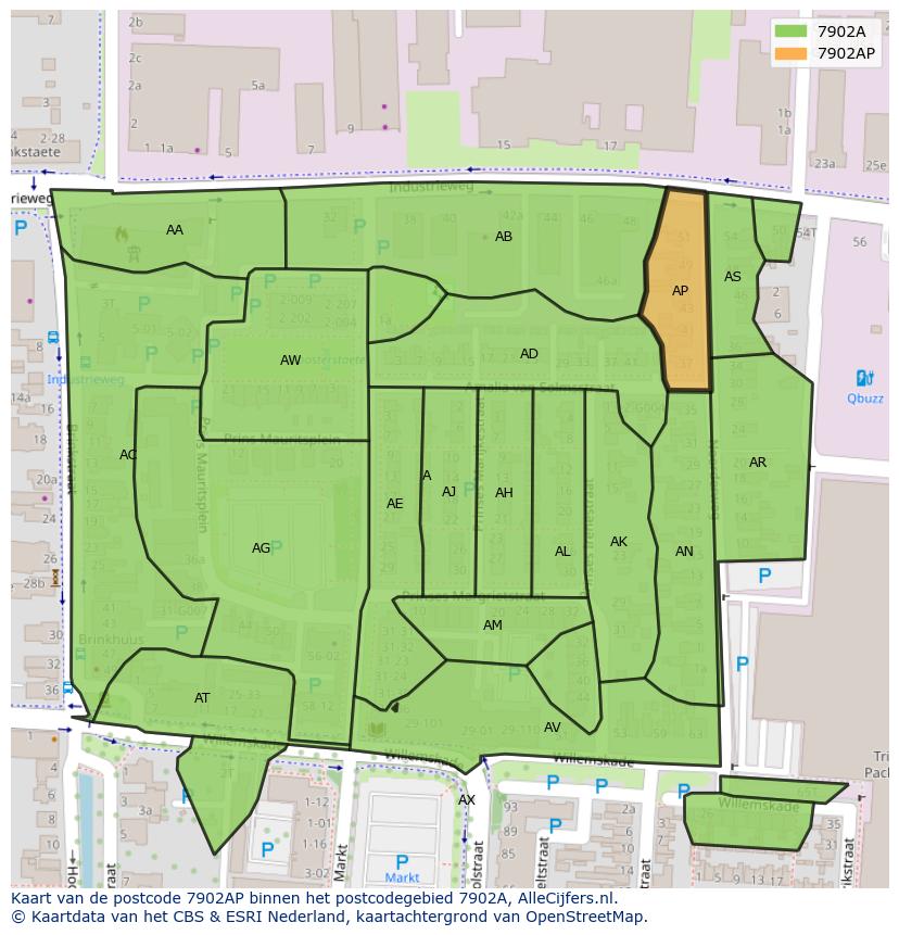 Afbeelding van het postcodegebied 7902 AP op de kaart.