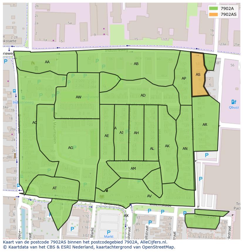 Afbeelding van het postcodegebied 7902 AS op de kaart.