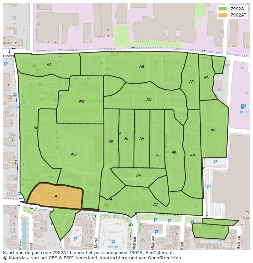 Afbeelding van het postcodegebied 7902 AT op de kaart.