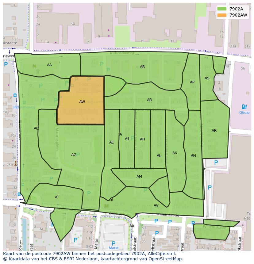 Afbeelding van het postcodegebied 7902 AW op de kaart.