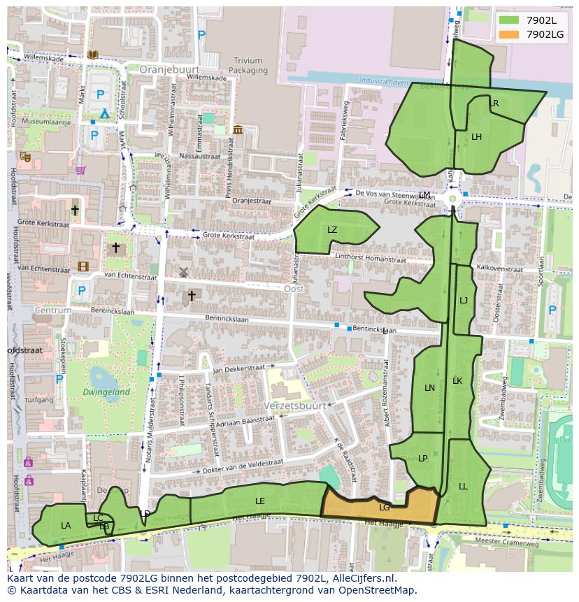 Afbeelding van het postcodegebied 7902 LG op de kaart.