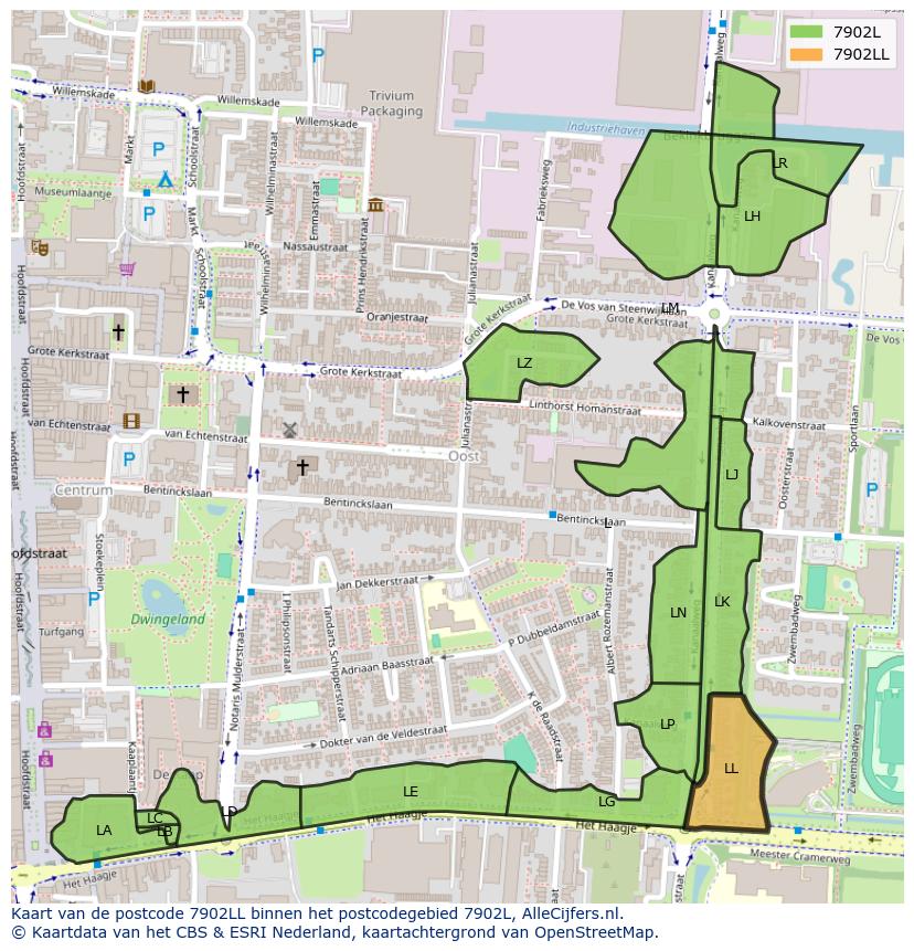 Afbeelding van het postcodegebied 7902 LL op de kaart.