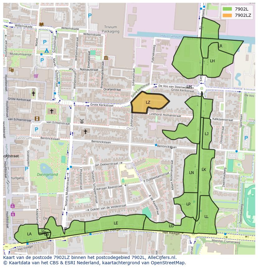 Afbeelding van het postcodegebied 7902 LZ op de kaart.