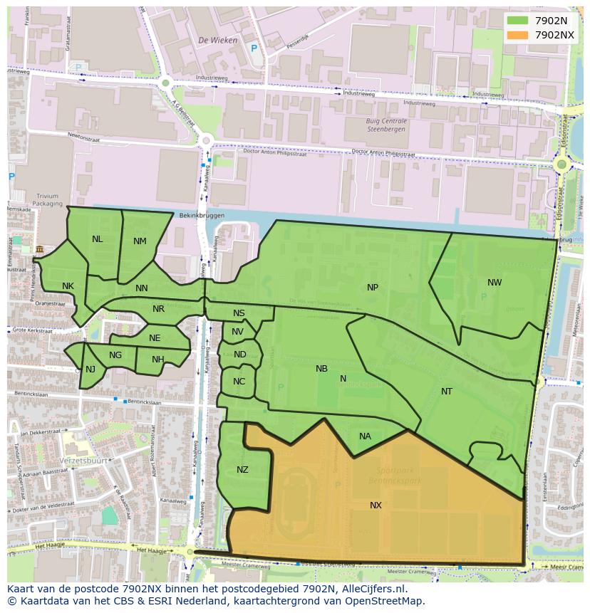 Afbeelding van het postcodegebied 7902 NX op de kaart.