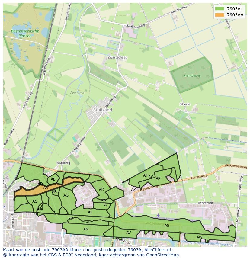 Afbeelding van het postcodegebied 7903 AA op de kaart.