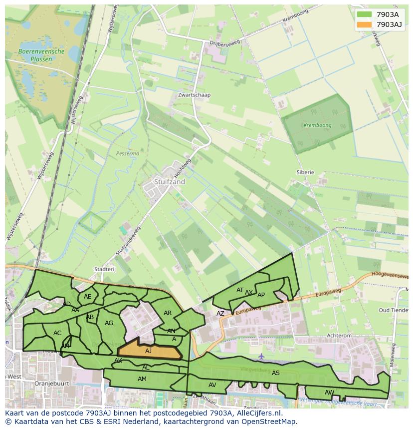 Afbeelding van het postcodegebied 7903 AJ op de kaart.