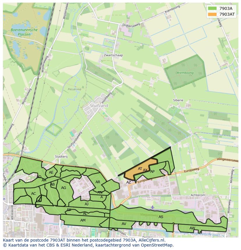 Afbeelding van het postcodegebied 7903 AT op de kaart.