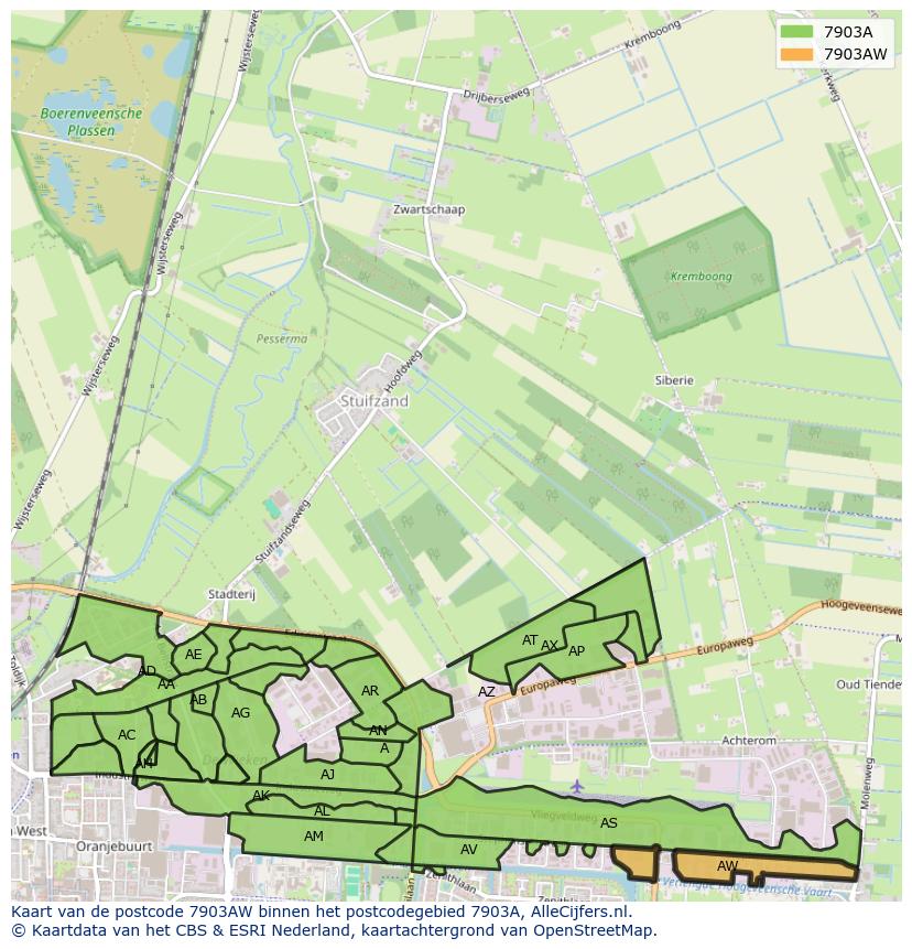 Afbeelding van het postcodegebied 7903 AW op de kaart.