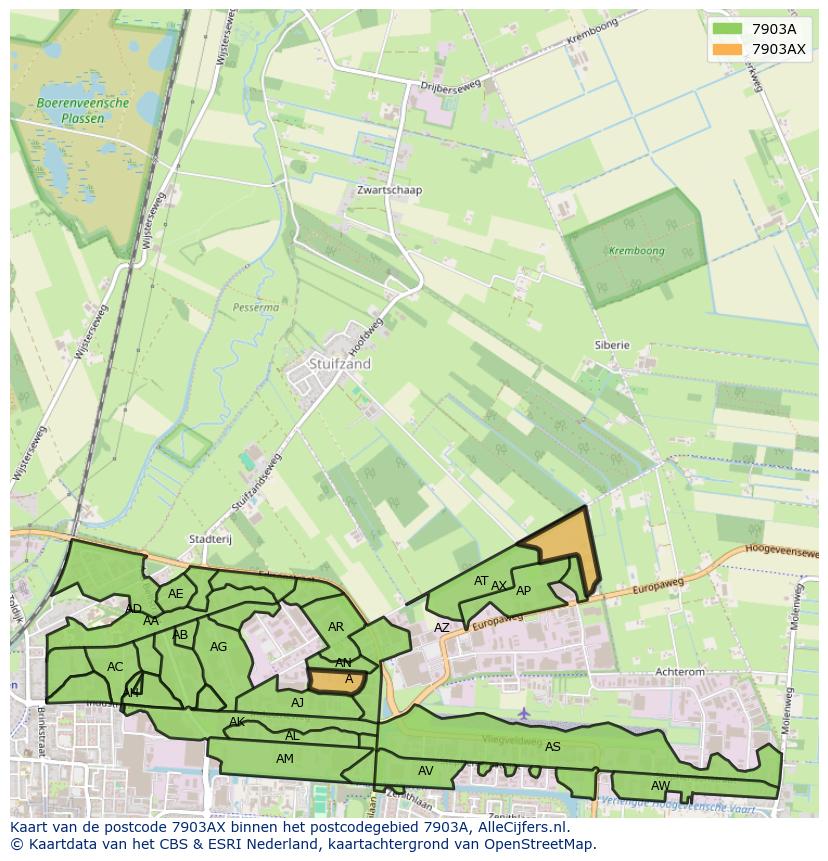 Afbeelding van het postcodegebied 7903 AX op de kaart.