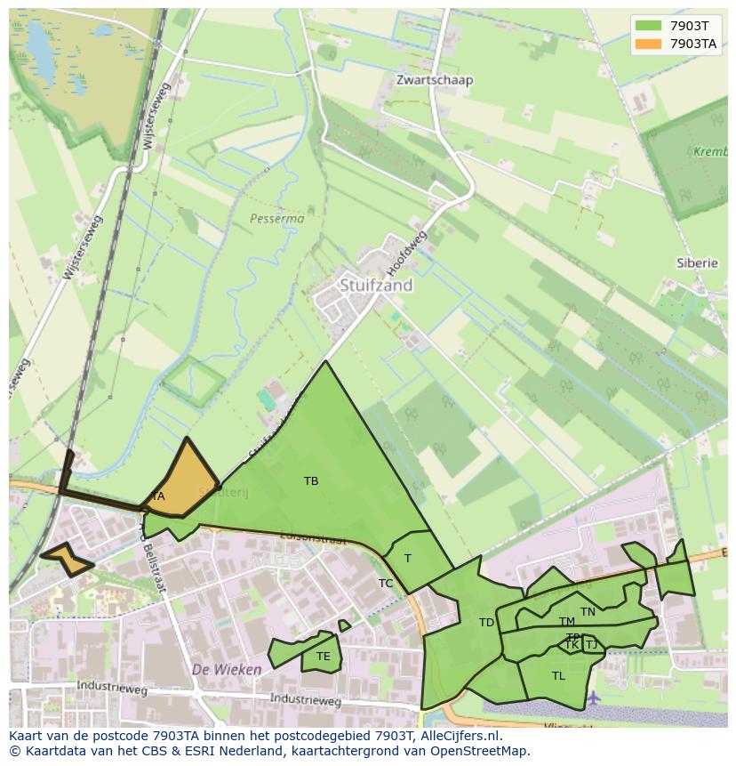 Afbeelding van het postcodegebied 7903 TA op de kaart.