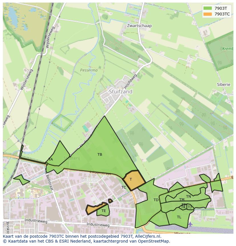 Afbeelding van het postcodegebied 7903 TC op de kaart.