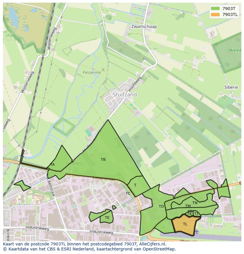 Afbeelding van het postcodegebied 7903 TL op de kaart.