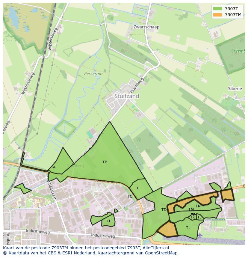Afbeelding van het postcodegebied 7903 TM op de kaart.