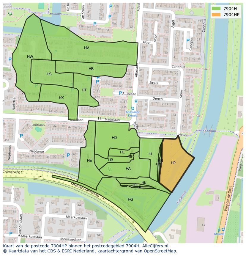 Afbeelding van het postcodegebied 7904 HP op de kaart.