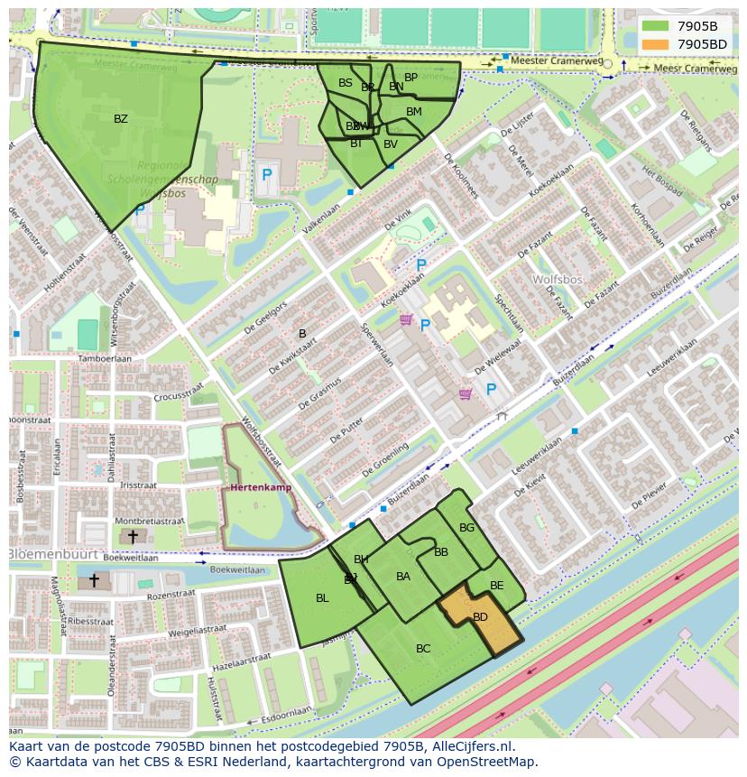 Afbeelding van het postcodegebied 7905 BD op de kaart.