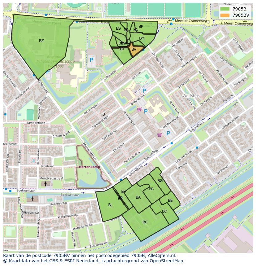Afbeelding van het postcodegebied 7905 BV op de kaart.
