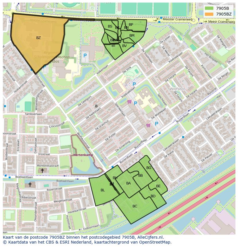 Afbeelding van het postcodegebied 7905 BZ op de kaart.