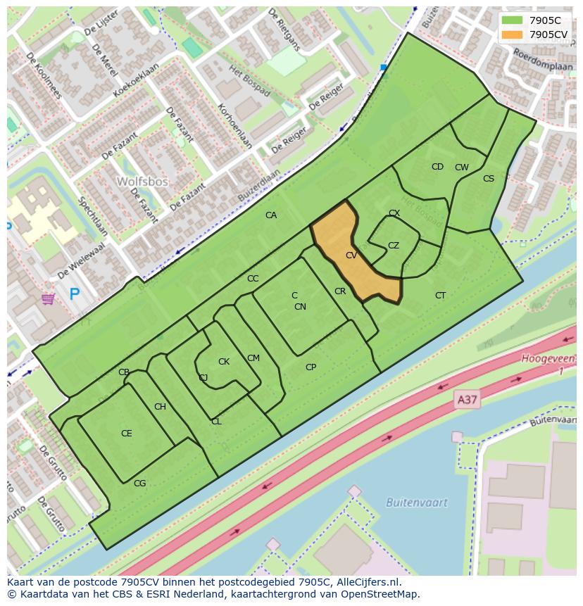 Afbeelding van het postcodegebied 7905 CV op de kaart.