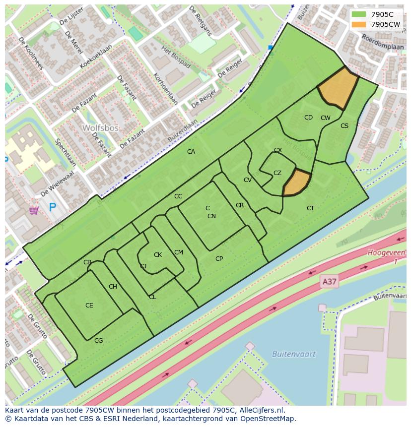 Afbeelding van het postcodegebied 7905 CW op de kaart.